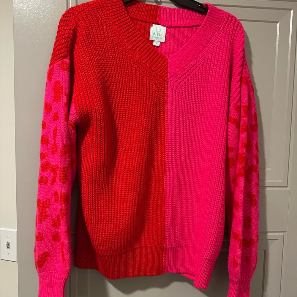 Mint Julep Boutique Colorblock Red and Pink animal print sweater